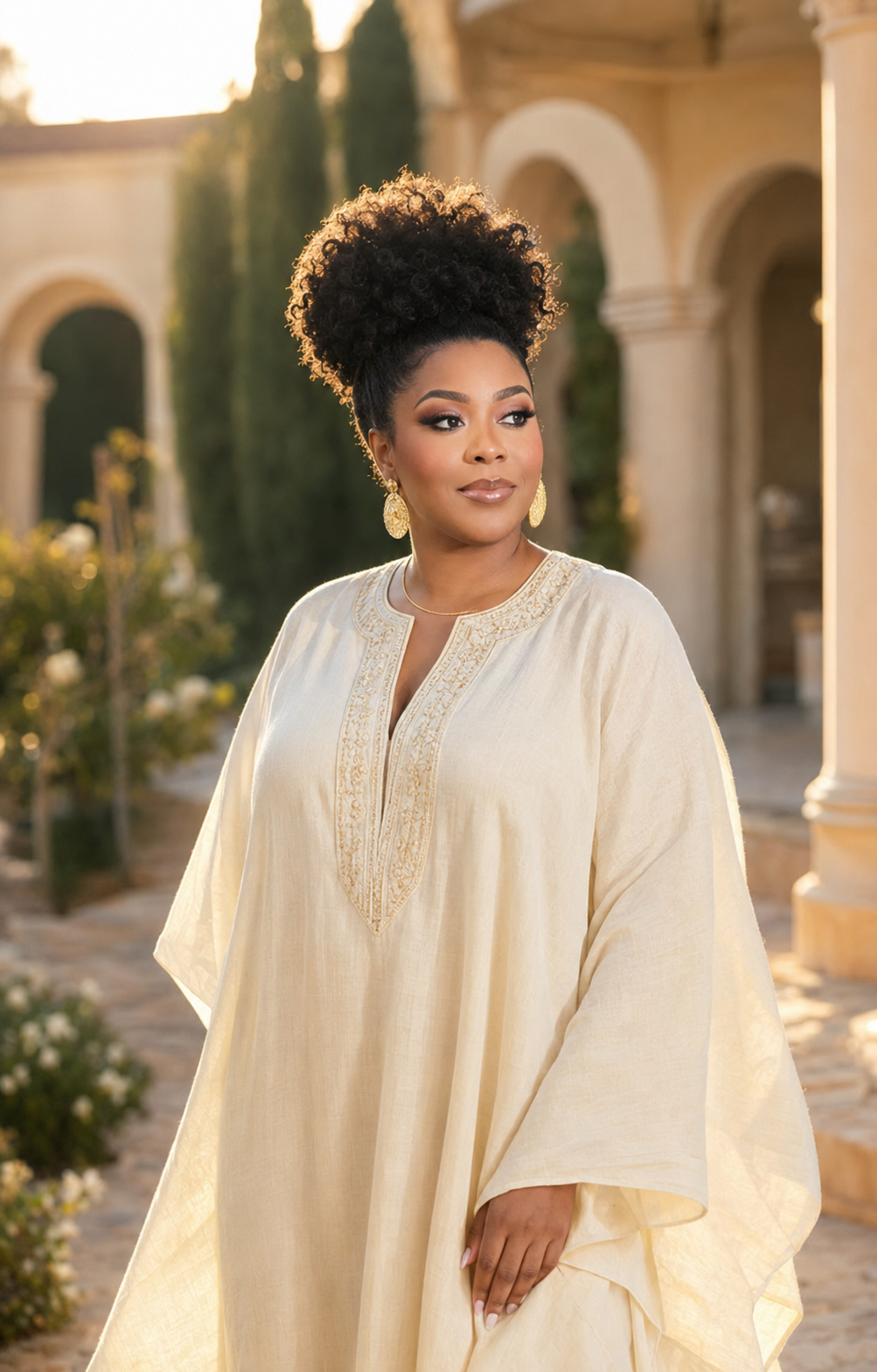 Founder in an elegant cream gown standing in warm golden light