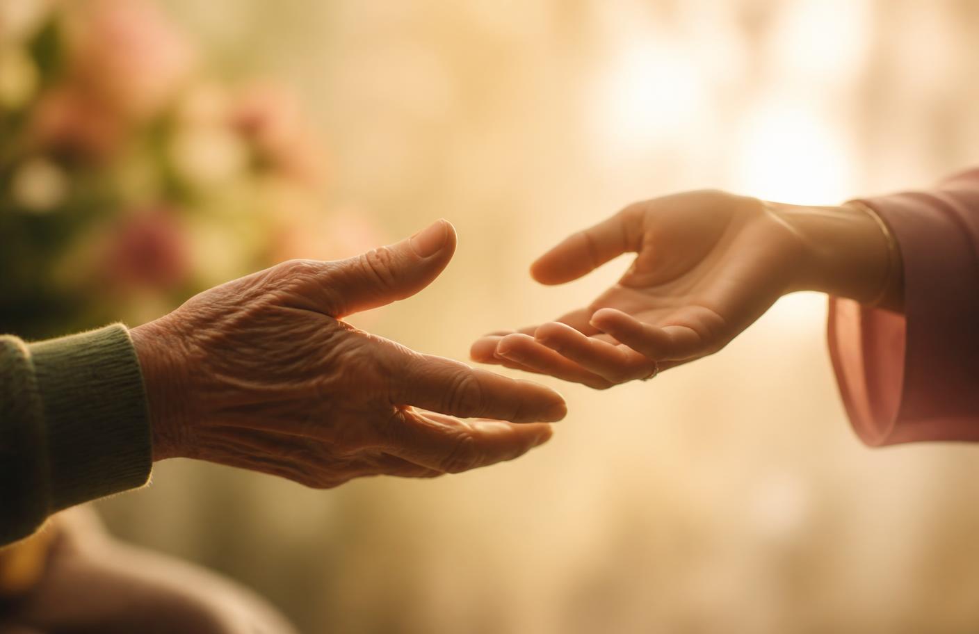 An older hand and a younger hand reaching toward one another